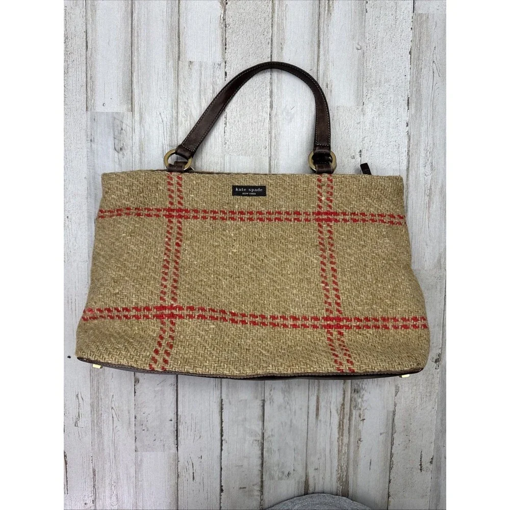 Kate Spade Vintage Tan Plaid Wool & Leather Double Handle Satchel Handbag Purse